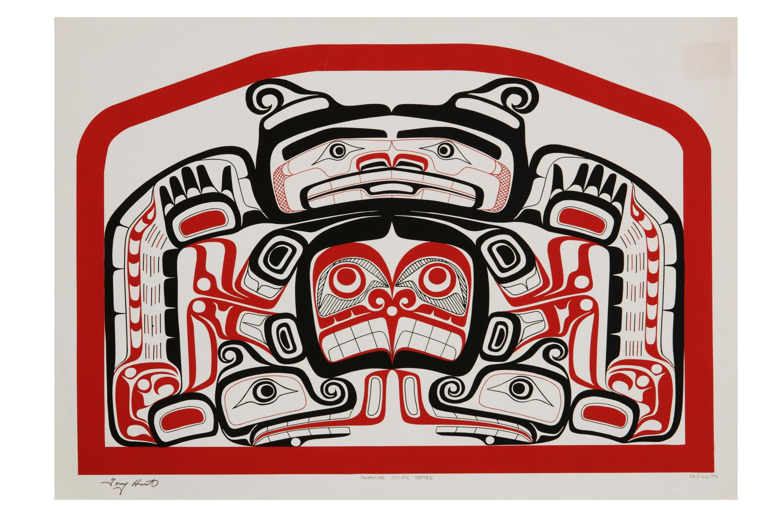 Tony Hunt, screenprint, Kwakiutl Sisiutl Settee: Tony Hunt (Canadian, b. 1961) Kwakiutl Sisiutl Settee, 1972 screenprint in colors on wove paper signed in felt tip pen, titled, dated 72 and numbered 39/100 in pencil, with margins sheet 18 1/4 x 25in