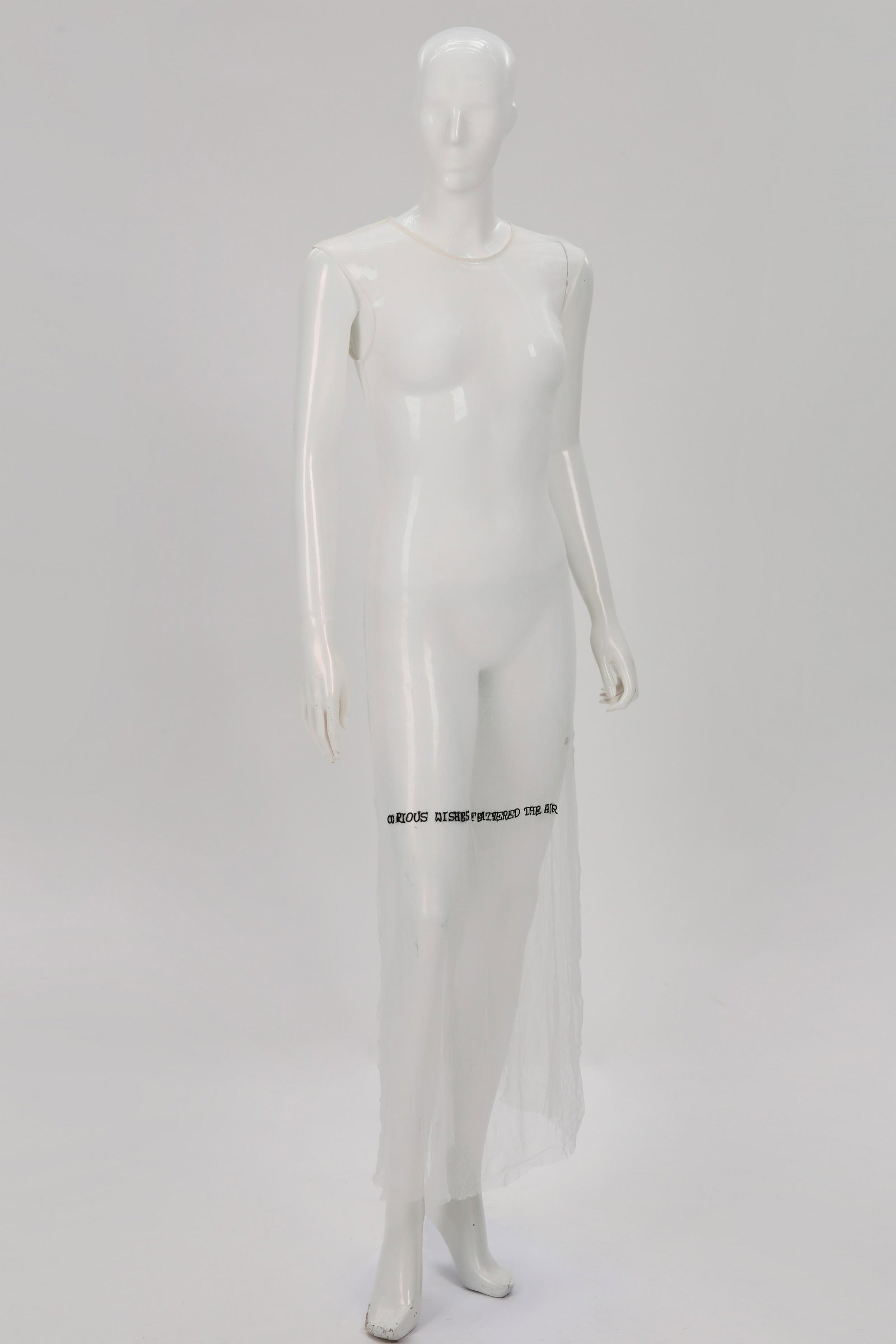 An Ann Demeulemeester white mesh dress: An Ann Demeulemeester white mesh dress, no size label 2000s Transparent silk netting dress to ankle. A quote in black, Curious Wishes Feathered The Air, printed arround mid-thigh.