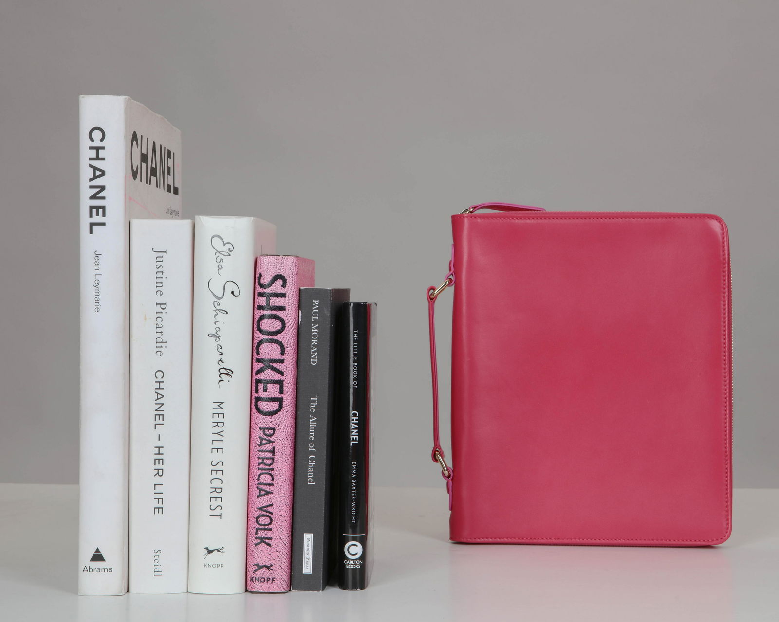 Six books modern fashion, Schiaparelli cover: Schiaparelli fuchsia tablet cover, together with six books on modern fashion and designers â€˜Schiaparelli a Biographyâ€™, Meryle Elsa, â€˜The Allure of Chanelâ€™, Paul Morand, â€