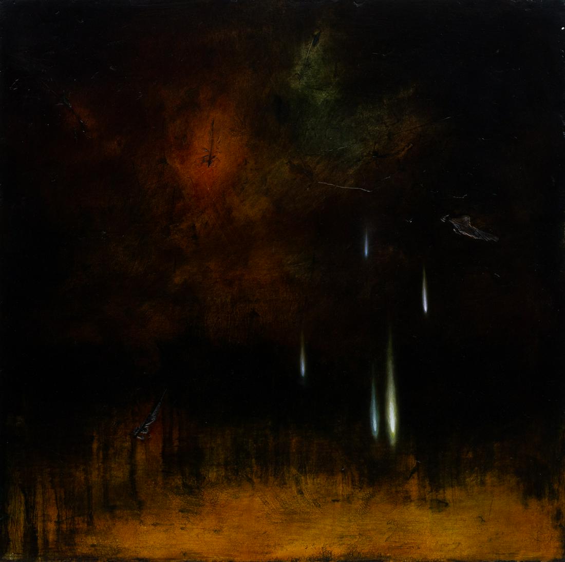 Mayme Kratz, Twilight: Mayme Kratz (American, born 1958) Twilight, 1995 resin, pigment, acrylic, and feathers on handmade paper on masonite and panel titled, signed and dated 'Kratz / 95' (on the reverse), unframed 17 ¾ x