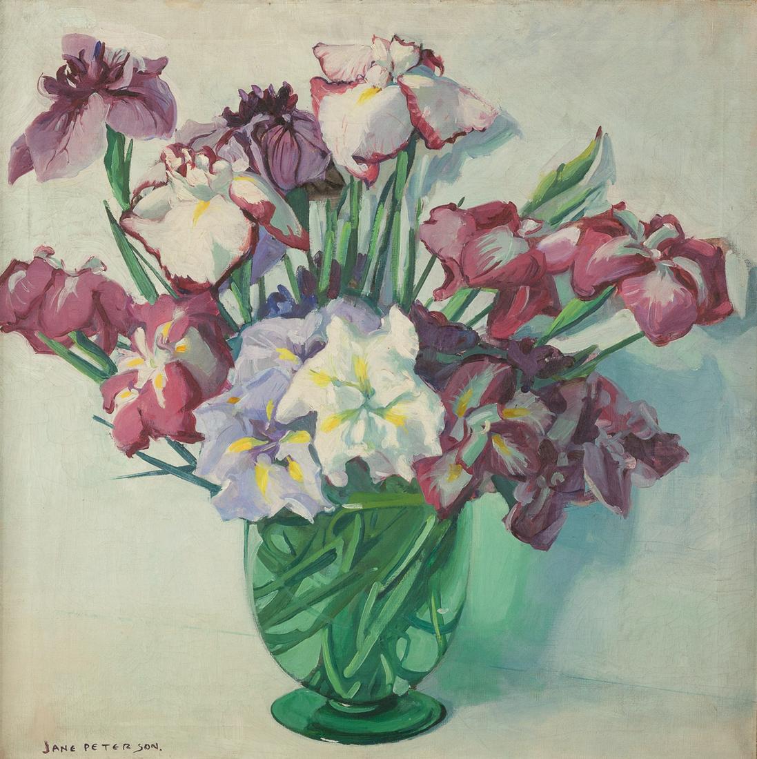 Jane Peterson, Irises, oil on canvas: Jane Peterson (American, 1876-1965) Irises oil on canvas signed 'Jane Peterson' (lower left) 32 x 32in (81.3 x 81.3cm)Provenance: Sale, Leslie Hindman Auctions, Chicago, 12 December 2011, lot 106