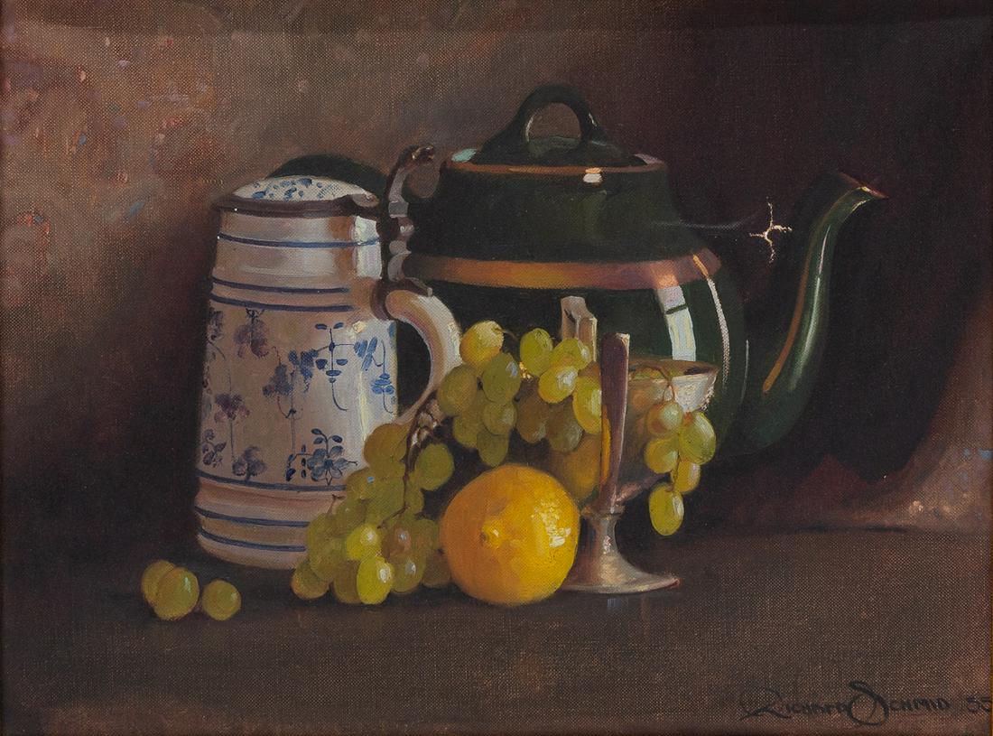 Richard Schmid, Still Life: Richard Schmid (American, born 1934) Still life with lemon, grapes, stein, teapot and footed bowl, 1955 oil on canvas signed and dated 'Richard Schmid 55' (lower right) 12 x 16in (30.5 x 40.6cm)