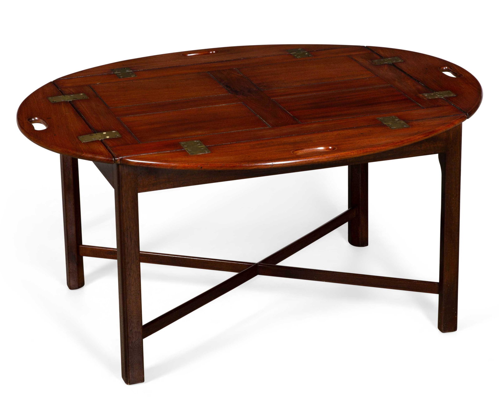 Two George III style mahogany folding butler trays: Two George III style mahogany folding butler trays on stands 20th century height open 19in (48.5cm); width open 38 1/2in (98cm); depth open 32in (81cm) Provenance: Property from the Collection of Yasu