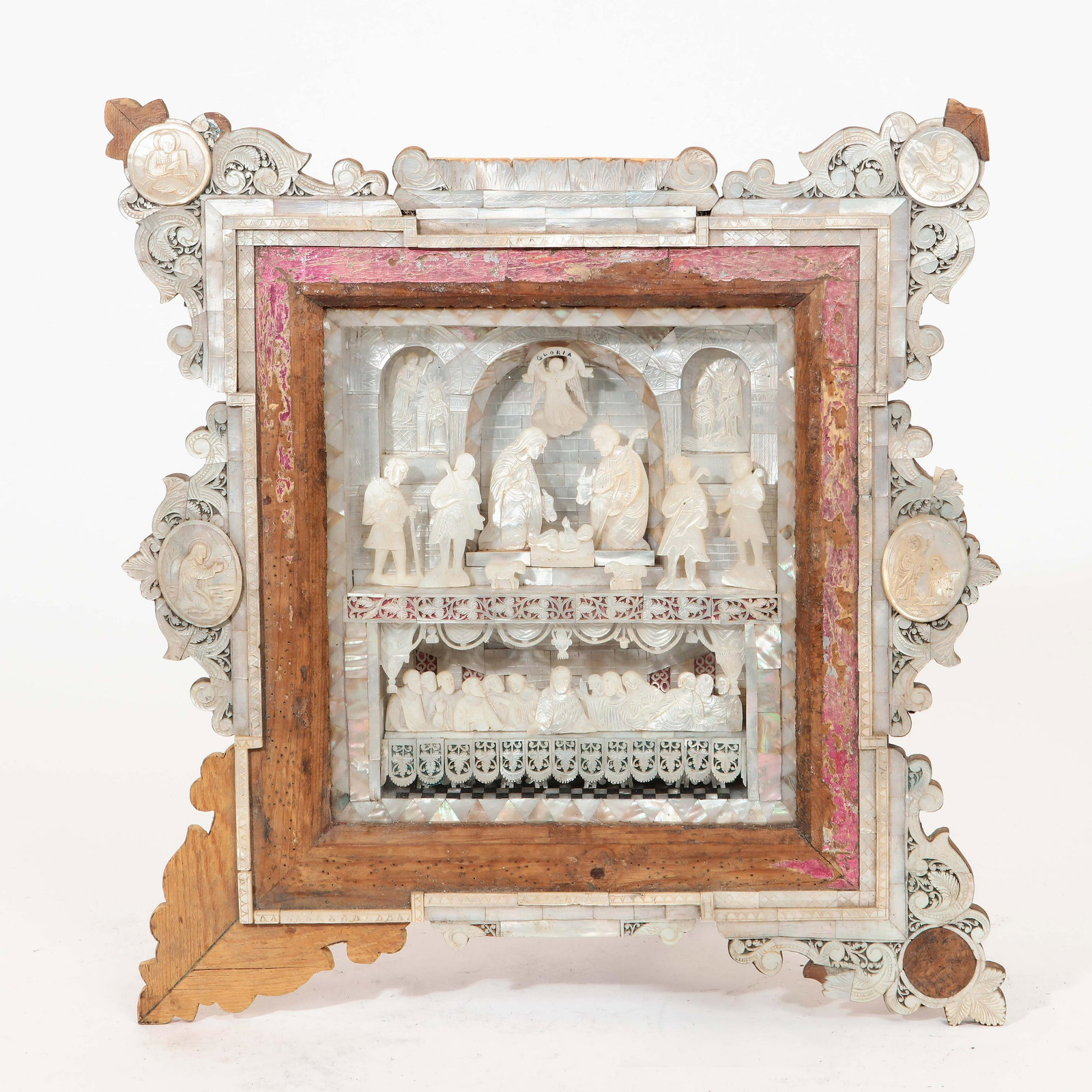 Jerusalem shadowbox Nativity and the Last Supper: A Jerusalem mother of pearl shadowbox depction of the Nativity and the Last Supper 20th century height 17in (43cm); width 16in (40.5cm); depth 3in (7.5cm)
