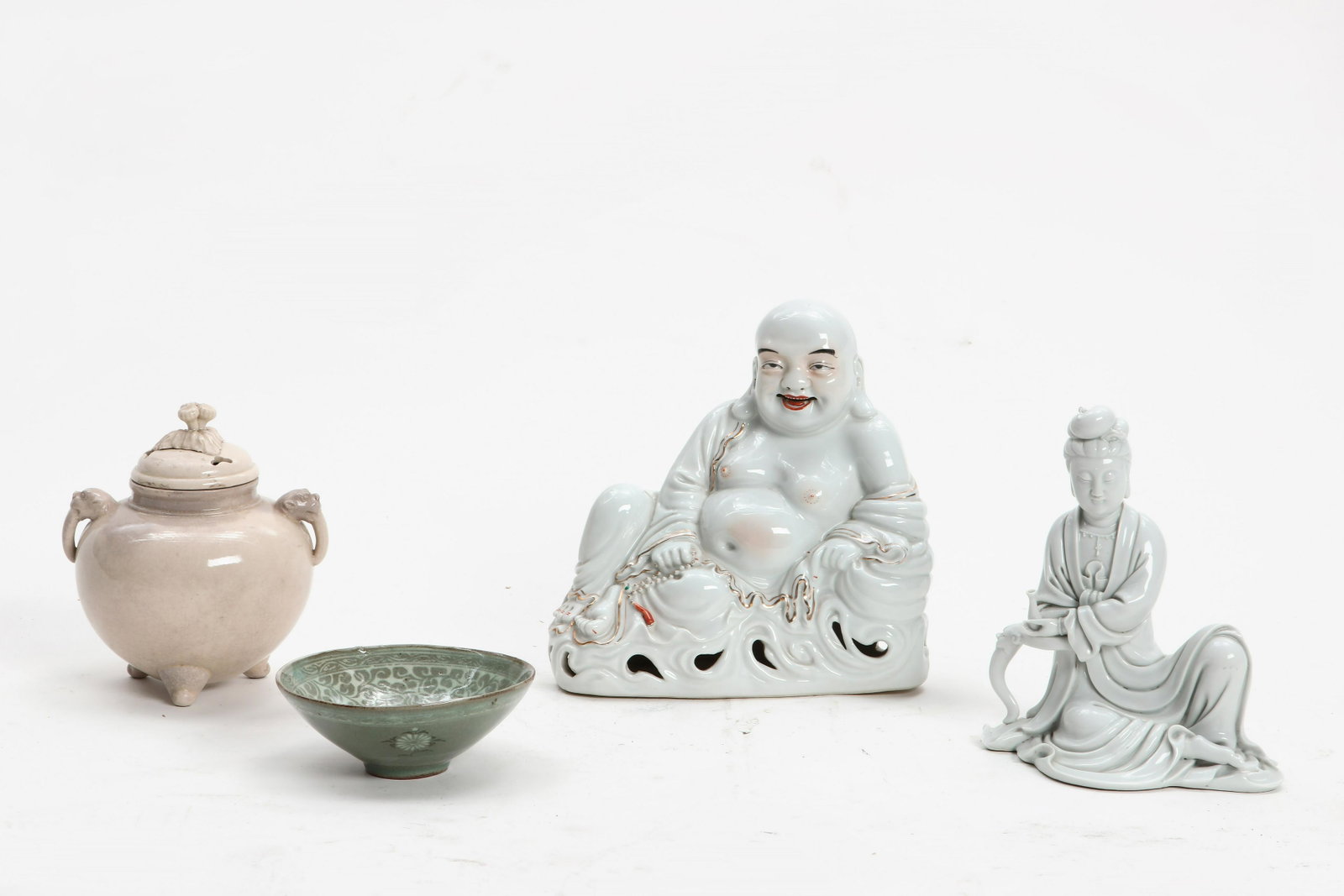 Chinese and Korean porcelain table articles: A group of Chinese and Korean porcelain table articles 20th century-modern Comprising a Chinese blanc de chine porcelain figure of Buddha, a Chinese blanc de chine porcelain figure of Guanyin, a Chine