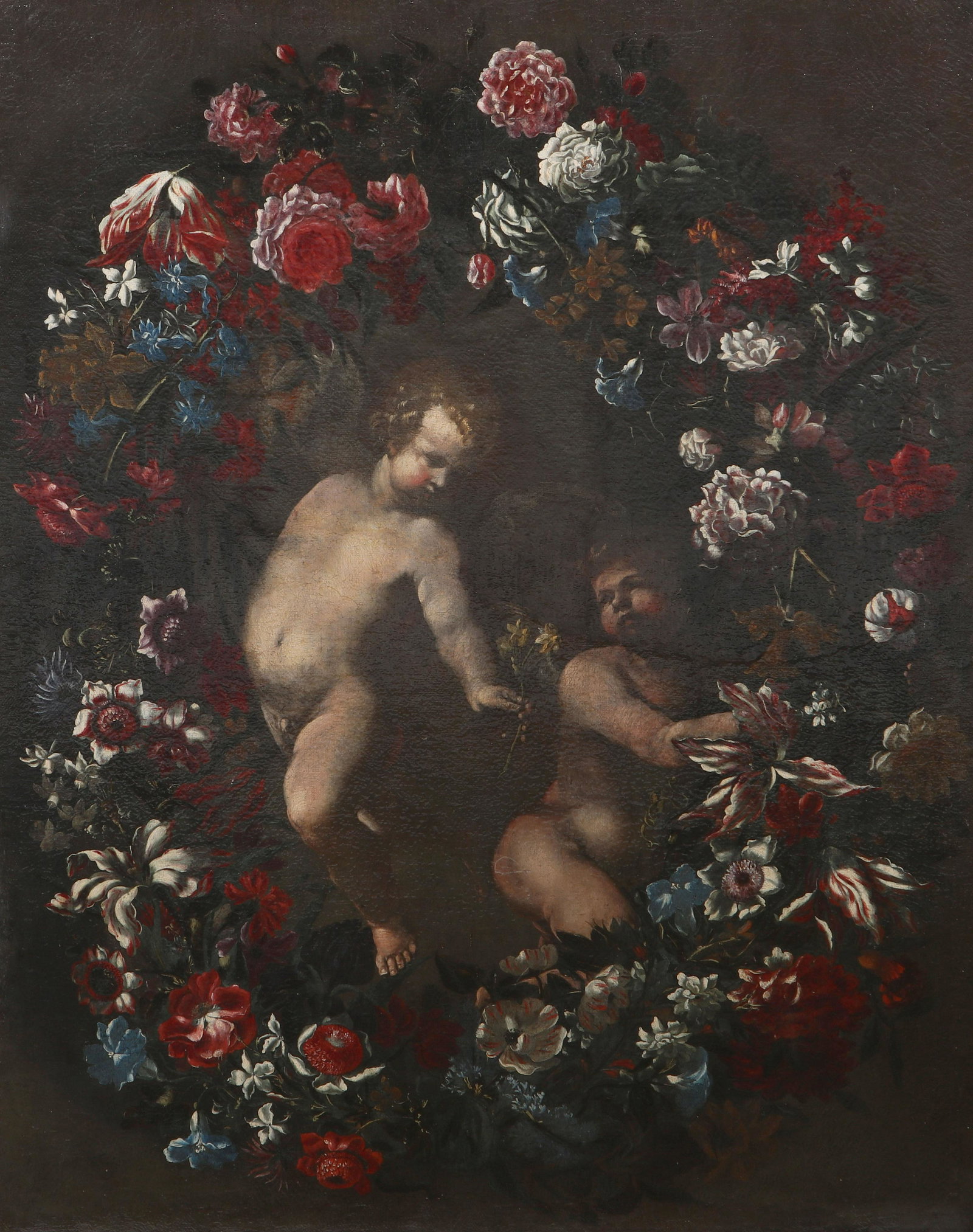 Italian School Two putti within wreath of flowers: Italian School (18th/19th century) Two putti within a wreath of flowers oil on canvas 39 x 29in. (99 x 74cm) Provenance: The Property of Yasuko and Maury Kraines, Beverly Hills, California.