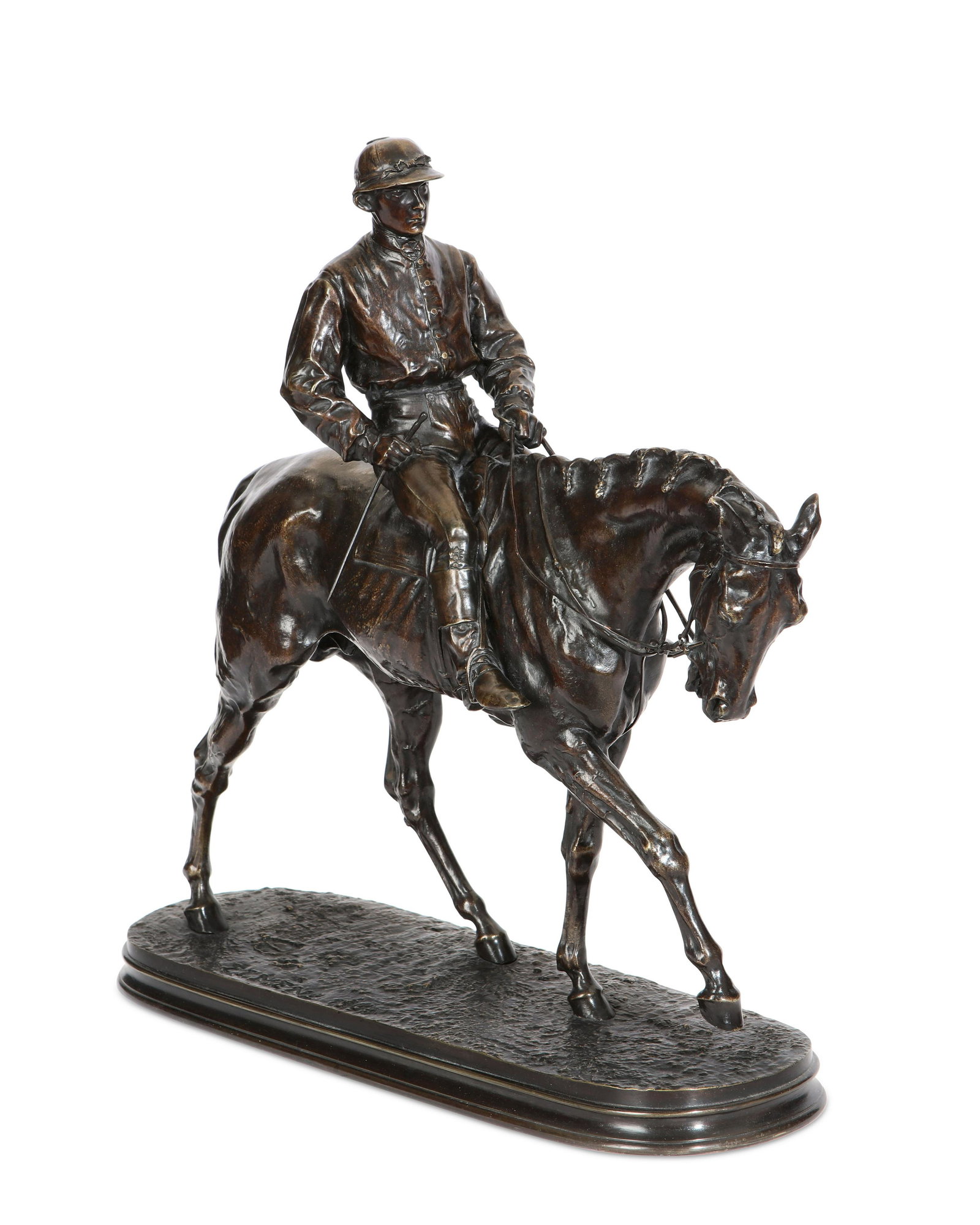 After Pierre Jules Mene bronze Jockey on horseback: After Pierre Jules Mene (French, 1810-1879) Jockey on horseback late 19th century patinated bronze base incised P. J. MeNE 1863, underside inscribed in black SC 1211 . 150 / c.j a.a height 17in (43cm)
