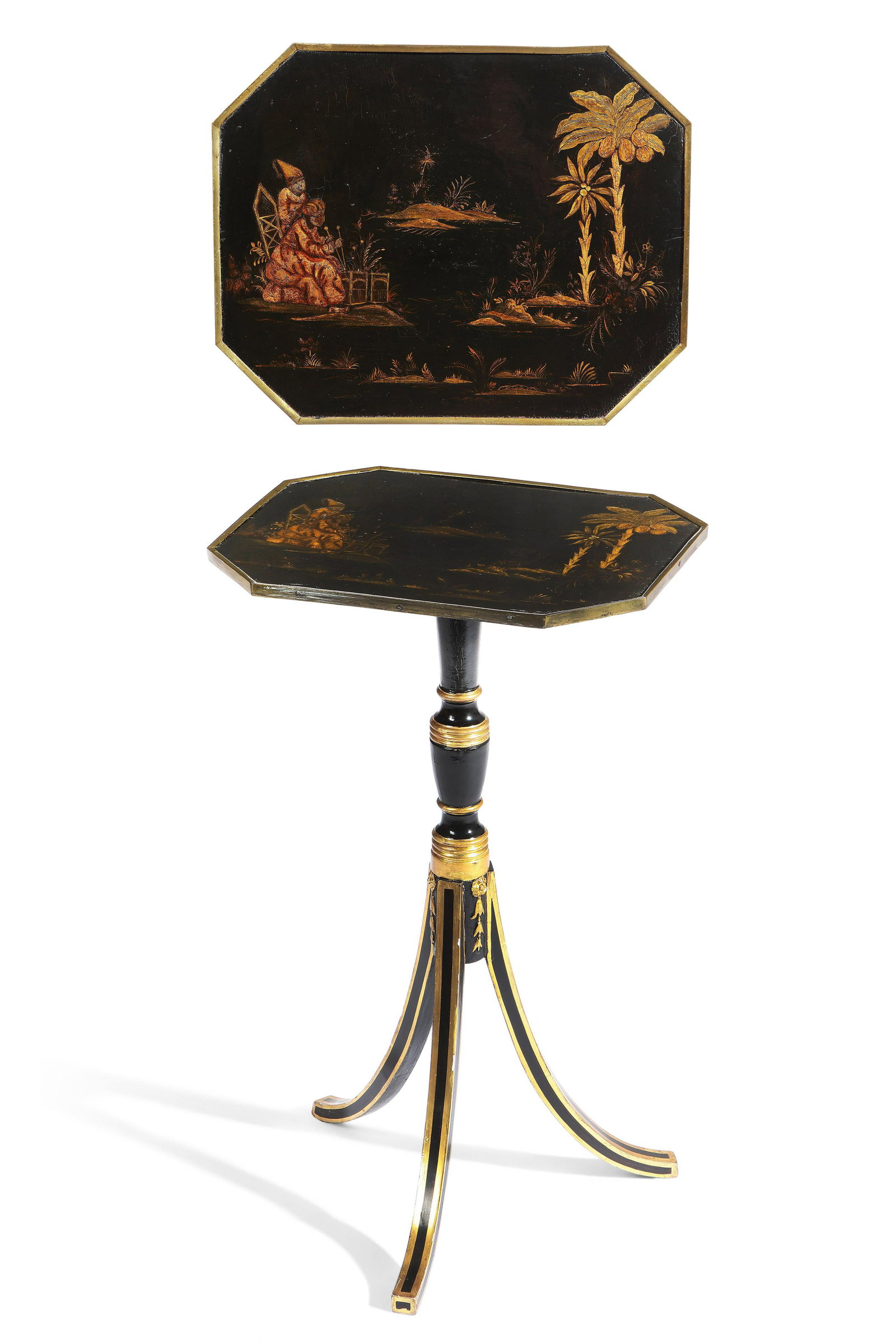 A Regency style Chinoiserie decorated table: A Regency style black and gilt painted Chinoiserie decorated occasional table incorporating antique and later elements height 27in (68.5cm); width 16 1/2in (42cm); depth 13in (33cm) Provenance: Proper