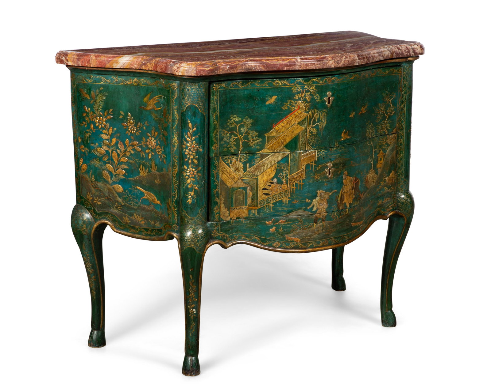 A North Italian Rococo Chinoiserie commode: A North Italian Rococo parcel gilt blue and polychrome japanned Chinoiserie decorated commode in the manner of Pietro Massa, probably Piedmont mid 18th century Surmounted by an alabastro fiorito top. 