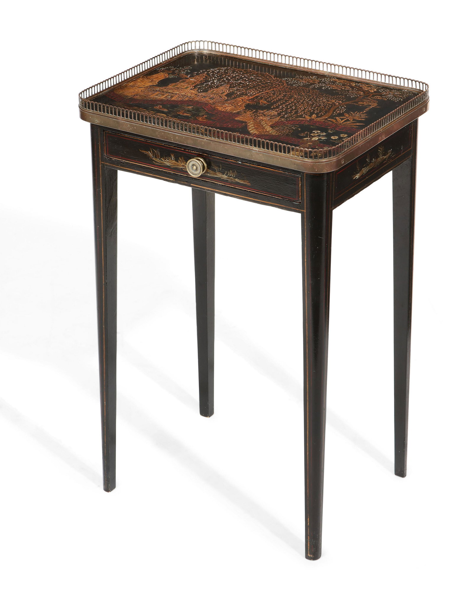 A George III style Chinoiserie decorated table: A George III style brass mounted black and gilt japanned Chinoiserie decorated occasional table 19th century height 30 1/2in (77.5cm); width 19 1/2in (49.5cm); depth 15in (38cm) Provenance: Property f