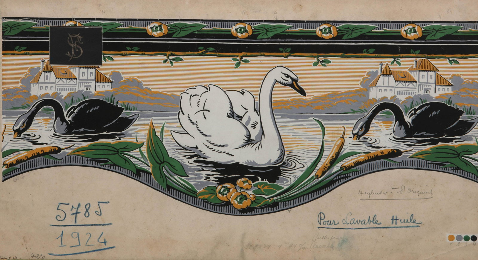 Charles Girardin, Swans, gouache: Charles Girardin (French, 20th century) Swans gouache on paper stamped and dated Paris 1924 fabric or wallpaper design 14 x 24 1/2in (35.5 x 62cm) Provenance: Essef Collection, France.
