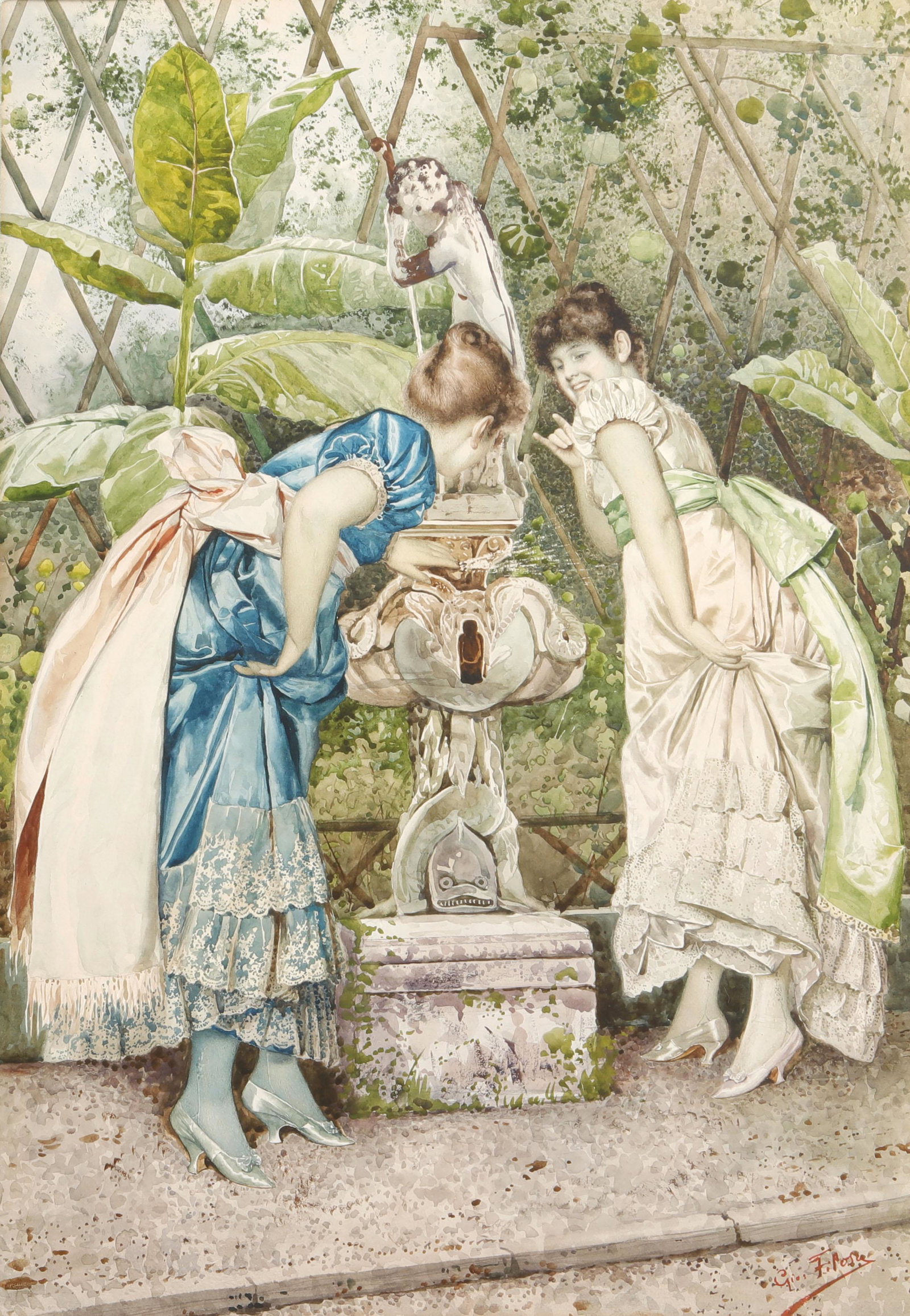 Giovanni Filosa, watercolor, The garden fountain: Giovanni Battista Filosa (Italian, 1850-1935) The garden fountain watercolor on paper signed lower right Gio Filosa 20 x 13 1/4in (51 x 33.5cm) Provenance: Property from the Collection of Dr. Ben Pins