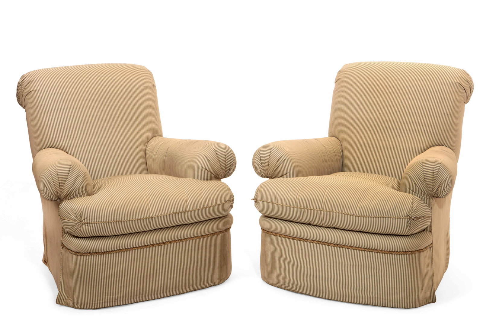 A pair of Modern upholstered armchairs: A pair of Modern upholstered armchairs roll arms, upholstered in a striped fabric. Provenance: Property from a Private Beverly Hills Collection, curated by Hendrix Allardyce.