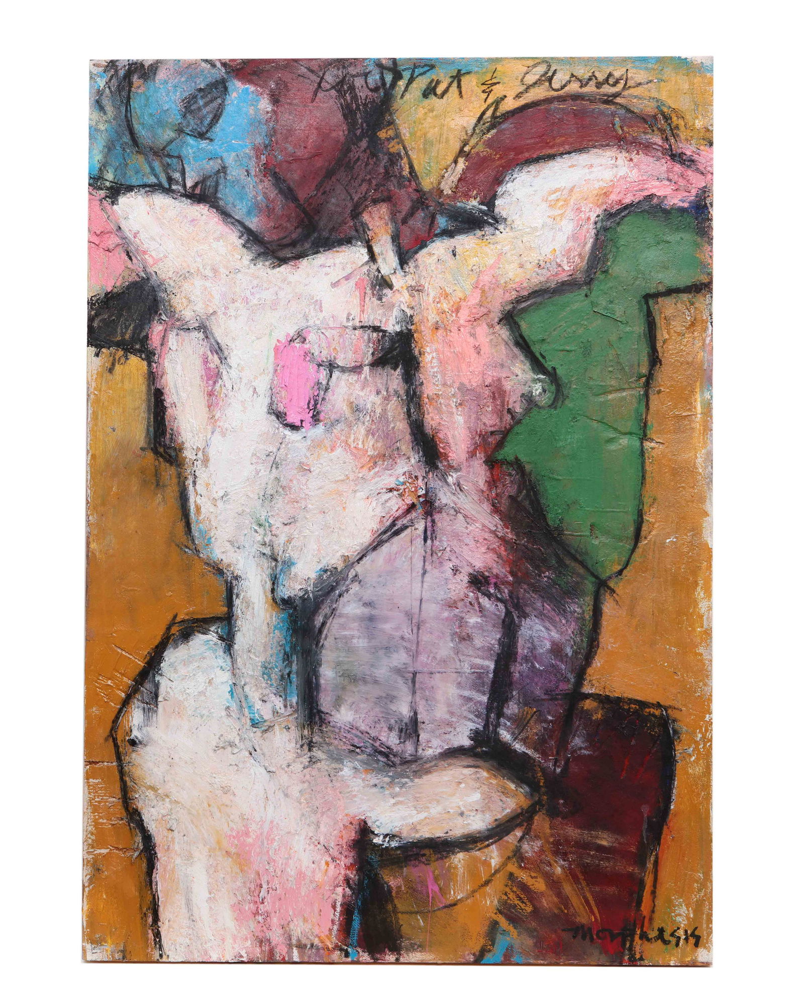 Jim Morphesis, mixed media, Icarus, 1989: Jim Morphesis (American, born 1948) Icarus (For Pat and Jerry), 1989 oil, magna, gouache, charcoal, metal leaf and collage on panel signed Morphesis lower right; with dedication in upper canvas edge 4