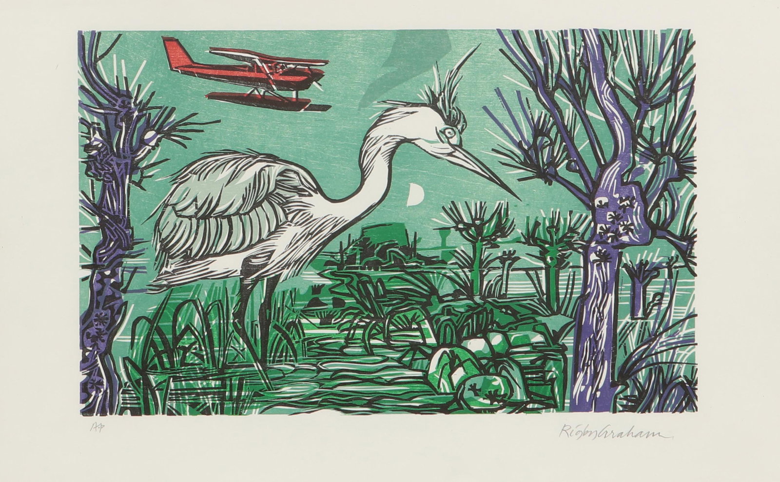 Rigby Graham, litho, Marsh bird: Rigby Graham (British, 1931-2015) Untitled (Marsh Bird), n.d. lithograph in colors on wove paper signed in pencil and annotated AP , with full margins, framed. image 8 1/4 x 13in (20.95 x 33cm); sheet