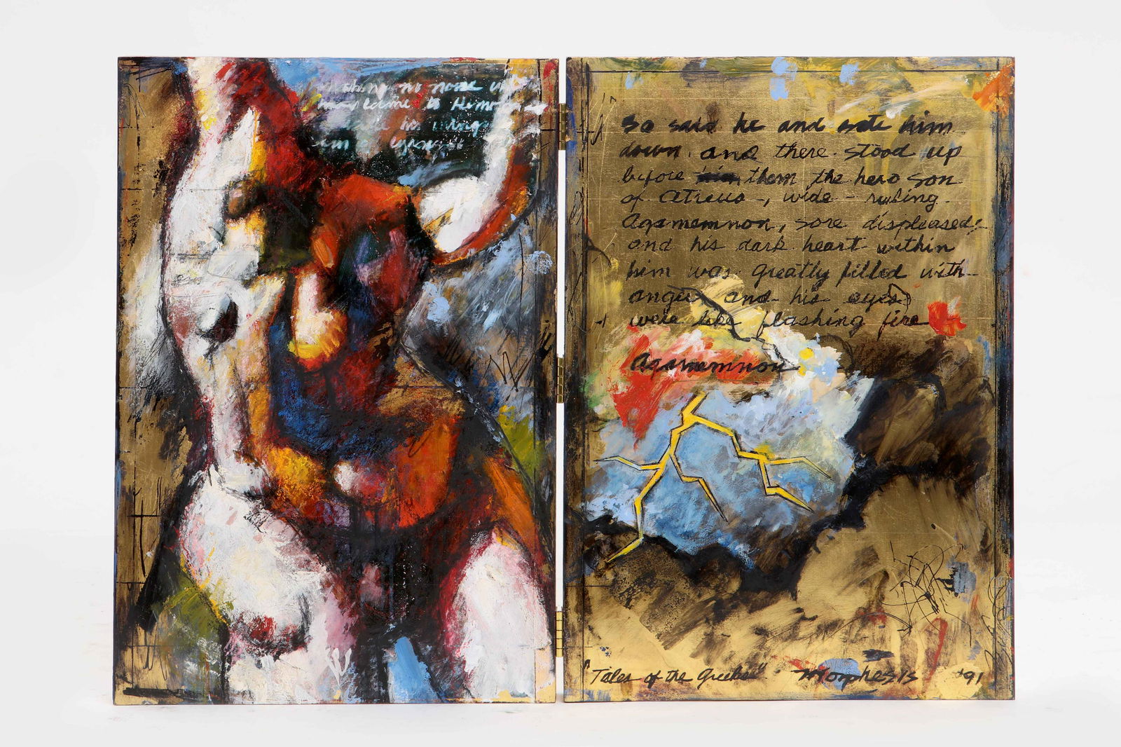 Jim Morphesis, mixed media, So Said Heâ€¦, 1991: Jim Morphesis (American, b. 1948) So Said He and Smote Him Downâ€¦, 1991 oil, charcoal, gold leaf on hinged wooden panels overall dimensions 14 ¼ x 18 1/2in (34 x 47cm) overall dimensions 1