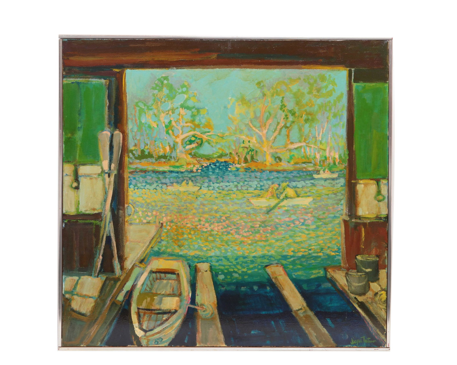 Jacque Tatum, oil, From the boathouse: Jacque Tatum (American, 1926-2011) From the boathouse looking out oil on canvas signed Jacque Tatum lower right 36 x 36in (91.5 x 91.5cm) Provenance: Property from the Estate of Pat and Jerry Epstein 