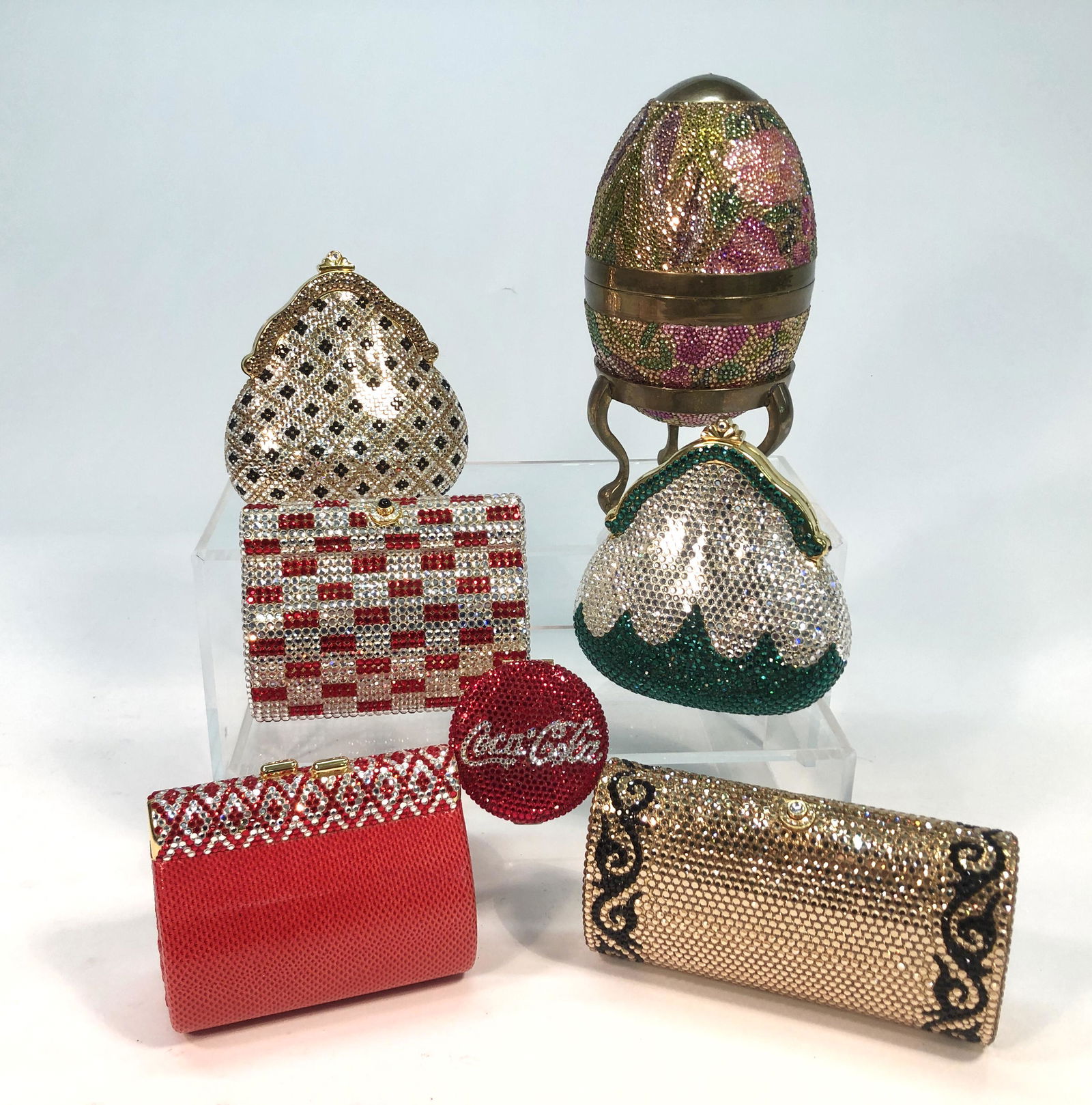 Five jeweled minaudiere bags: Five 'jeweled' minaudiere bags Each with tuck away shoulder chain, three with labels or tags for Maresse Collections, one with Rachel & Co label, fifth unmarked; together with a 'jeweled' egg form tab