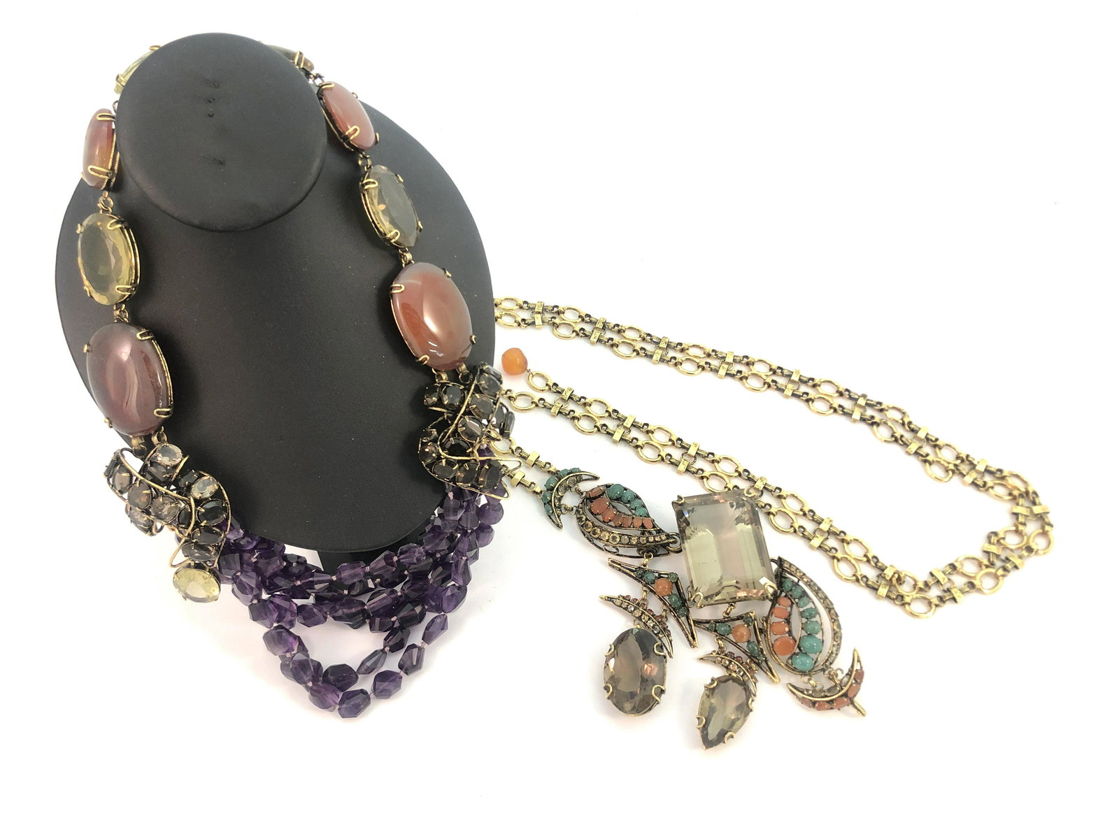 Iradj Moini multicolor stone necklace and a belt: An Iradj Moini multicolor stone necklace and a belt Each signed Iradj Moini. length of necklace approximately 28in (71cm); length of belt approximately 46in (117cm)Provenance: Property from the Estate