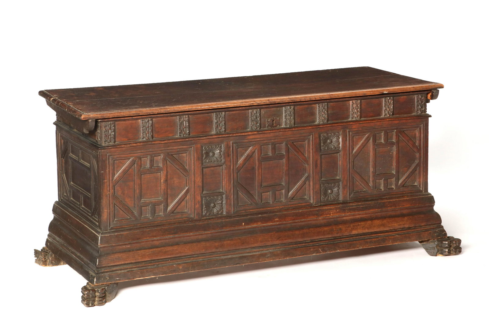 An Italian Baroque walnut cassone: An Italian Baroque walnut cassone incorporating antique and later elements height 25 1/4in (64cm); width 59in (150cm); depth 24in (61cm)Provenance: Property from a Private Collector, Los Gatos, Califo