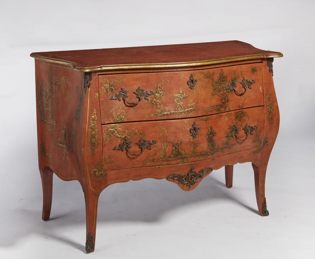 A Louis XV style chinoiserie decorated commode: A Louis XV style gilt metal mounted chinoiserie decorated commode modern height 35 1/2in (90cm); width 49 1/2in (126cm); depth 22in (56cm)