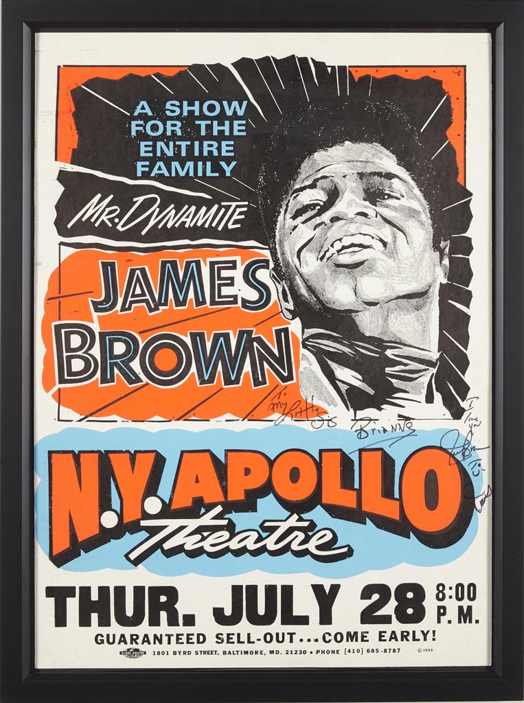 A James Brown Apollo Theatre Concert Poster: A James Brown Apollo Theatre Concert Poster Signed and inscribed. Framed. poster 30 1/4 x 22in (76.5 x 56cm); framed dimensions 33 1/2 x 24 1/4in (85 x 61.5cm)