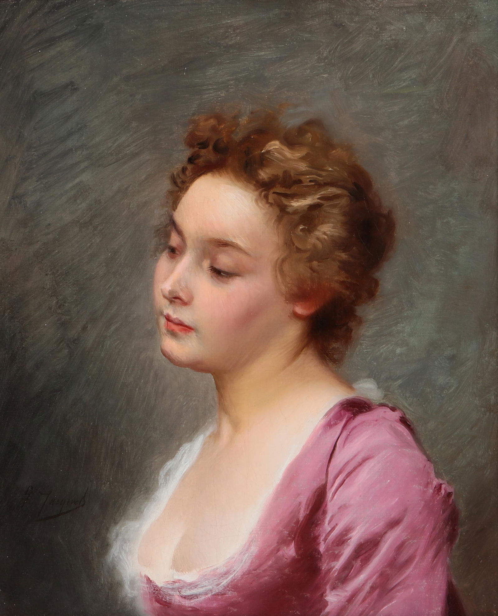 Gustave Jean Jacquet Portrait of a young woman: Gustave Jean Jacquet (French, 1846-1909) Portrait of a young woman oil on canvas signed lower left G Jacquet 11 1/4 x 9 1/4in (28.5 x 23.5cm) Provenance: Property from the Collection of Dr. Ben Pinsky