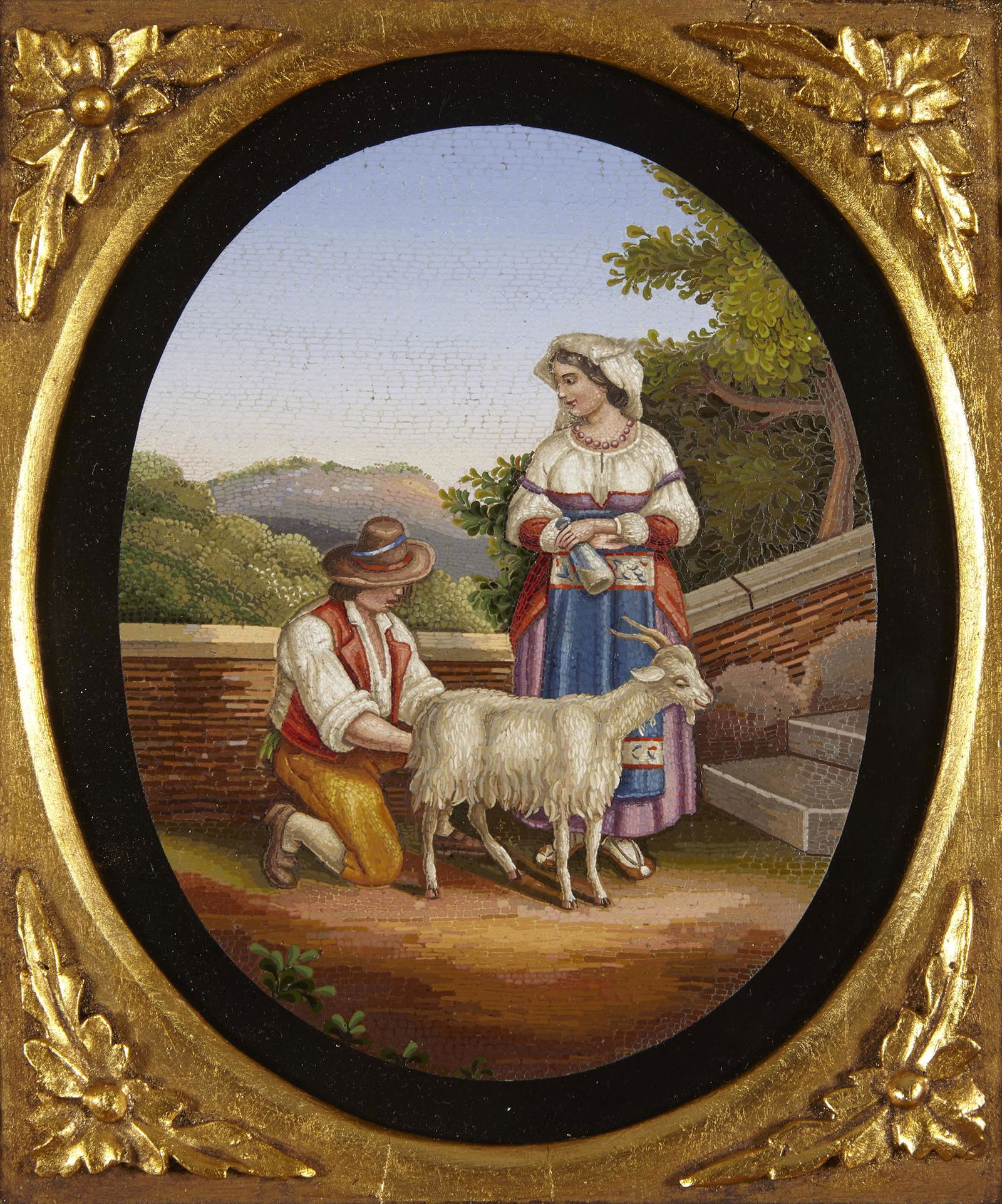 An Italian micromosaic of a peasant couple & goat: An Italian micromosaic panel of a peasant couple with a goat after an engraving by Bartolomeo Pinelli fourth quarter 19th century the panel 8 1/2 x 7in (22 x 18cm) Provenance: with G. Petochi, Rome, 1