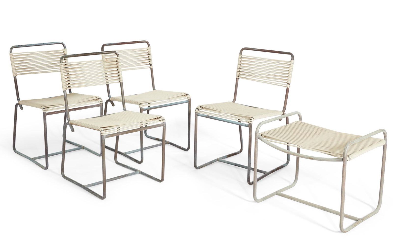 Four Walter Lamb for Brown Jordan chairs & ottoman: A set of four Walter Lamb for Brown Jordan patinated bronze side chairs and an ottoman post 1950 (5) the chairs height 32in (81.5cm); width 15 1/2in (39.5cm); depth of seat 18 1/2in (47cm) Provenance: