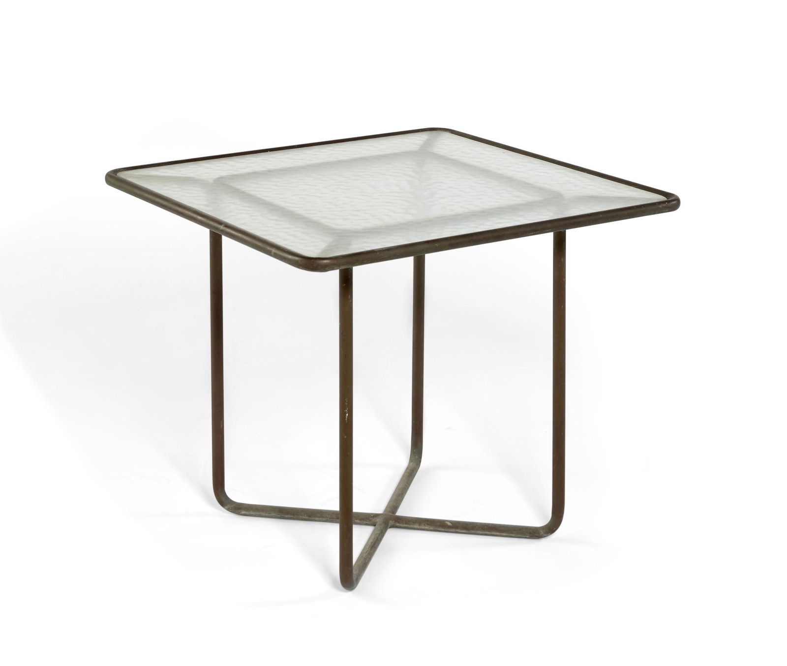 A Walter Lamb for Brown Jordan square table: A Walter Lamb for Brown Jordan patinated bronze and glass square occasional table post 1950 height 22in (56cm); width 25 1/2in (65cm) squareProvenance: Property from a Private San Francisco, Californi