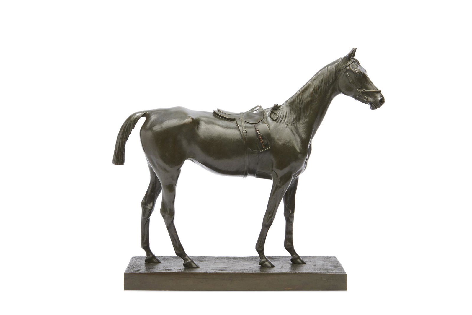 A bronze model of a race horse after Cuvelier: A patinated bronze model of a race horse after Hippolyte Joseph Cuvelier (1803-1876) late 19th/early 20th century Incised J. CUVELIER. height 14 3/4in (37.5cm); length 16in (40.5cm); width 4 3/4in (12