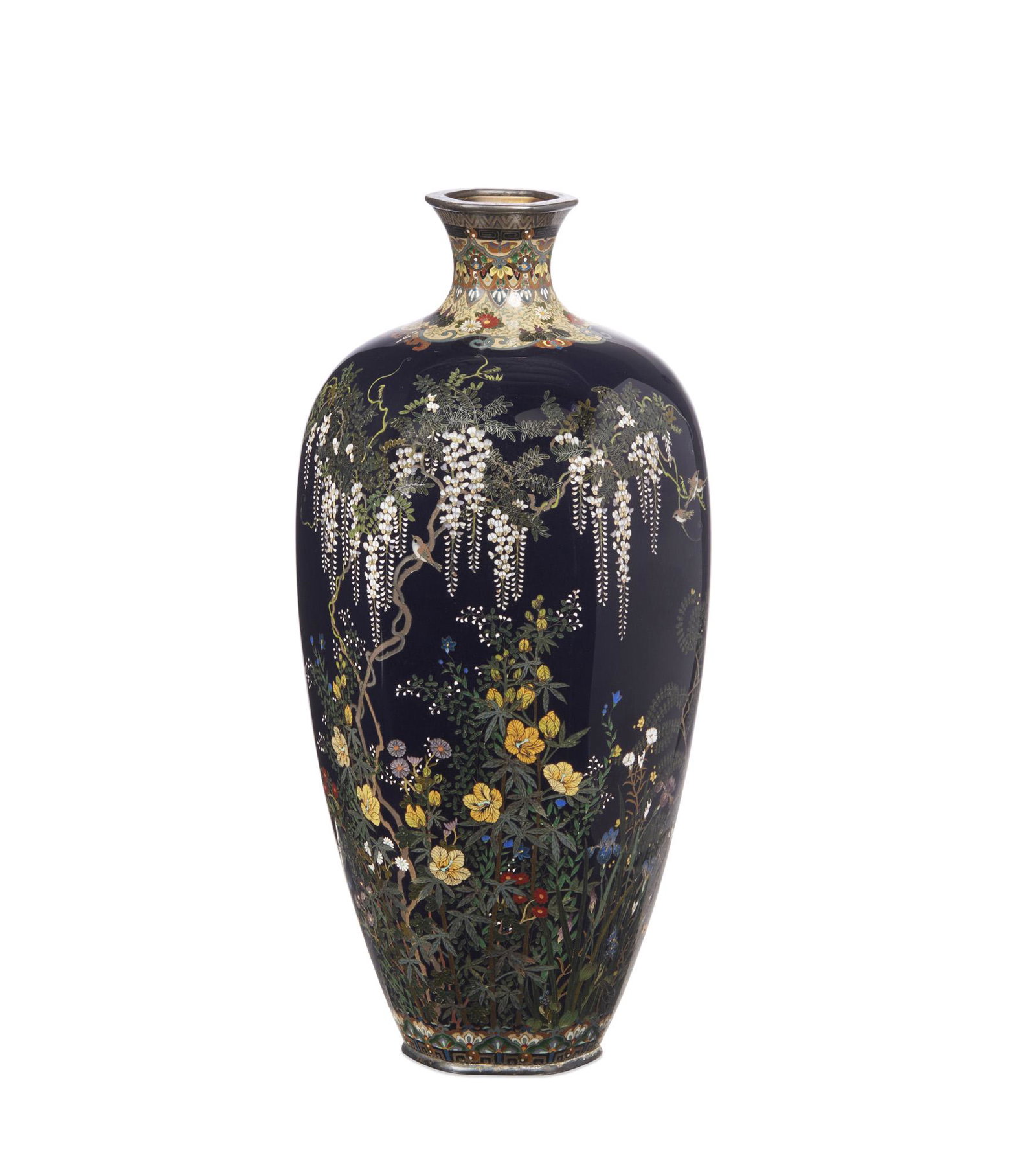 A Japanese cloisonne enamel vase Kinunken, Meiji: A Japanese cloisonne enamel vase Kinunken, Meiji period Decorated with wisteria, signed on a silver tablet Kinunken zo. height 7 1/2in (19cm)