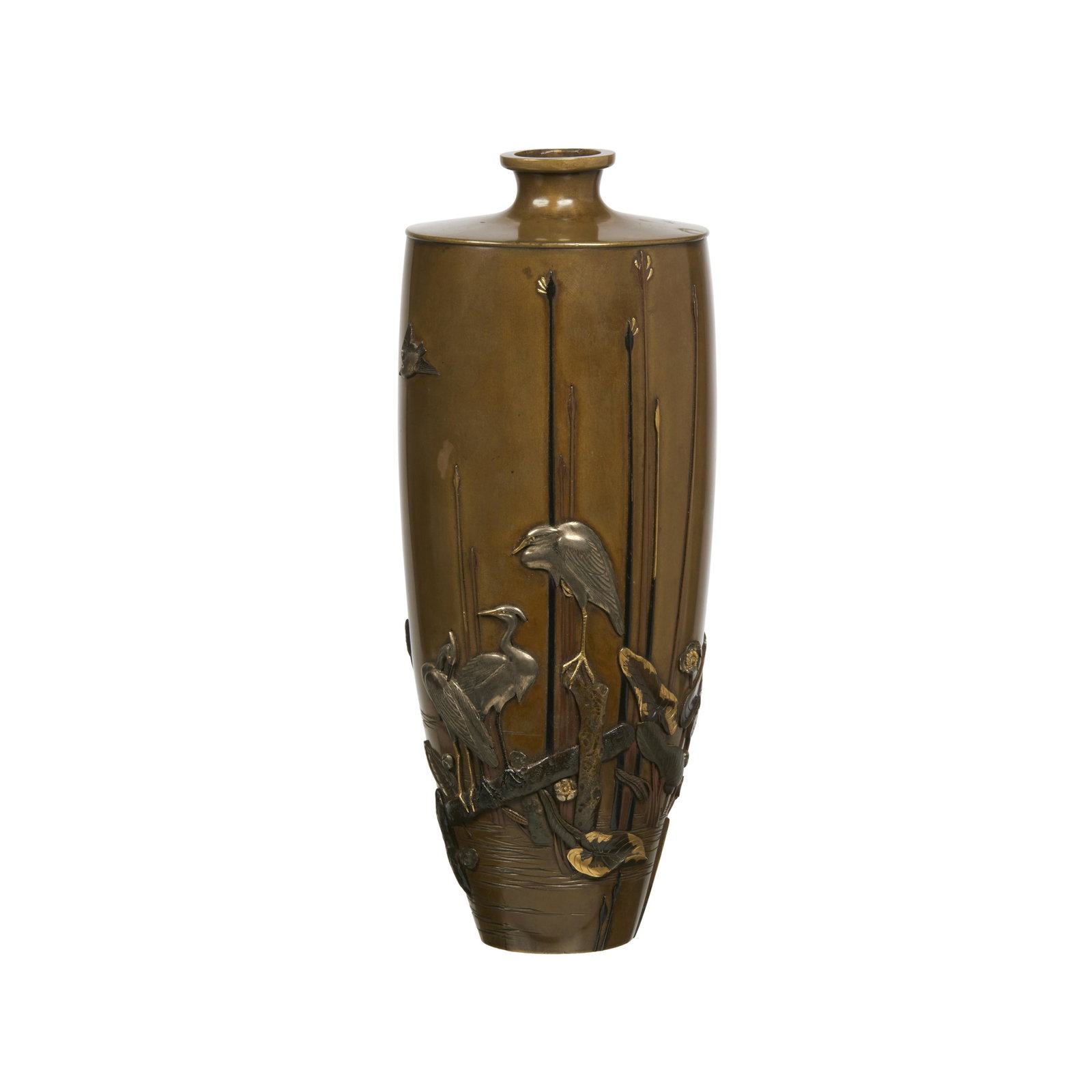 Japanese bronze & mixed metal vase Murikama, Meiji: A Japanese bronze and mixed metal vase Murikama, Meiji Period Decorated in relief with cranes amidst branches and lily pads, inscribed to underside Murikama zo. height 9in (23cm)