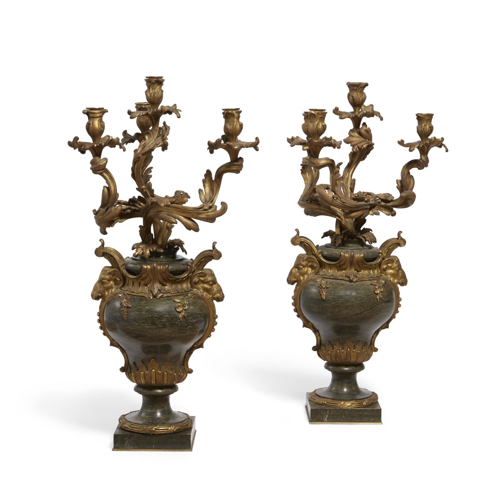 Pair of Louis XV style bronze & marble candelabra: A pair of Louis XV style gilt bronze mounted and breche marble four light candelabra early 20th century height 30 3/4in (78cm); width 17in (43cm); depth 16in (40.5cm)