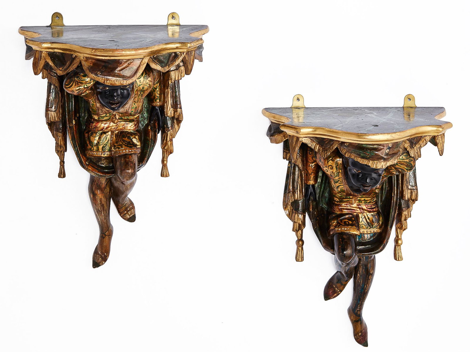 Pair Venetian Rococo style figural wall brackets: A pair of Venetian Rococo style polychrome decorated figural wall bracket late 19th/early 20th century height 14in (35.5cm); width 11in (28cm); depth 8 1/2in (22cm)