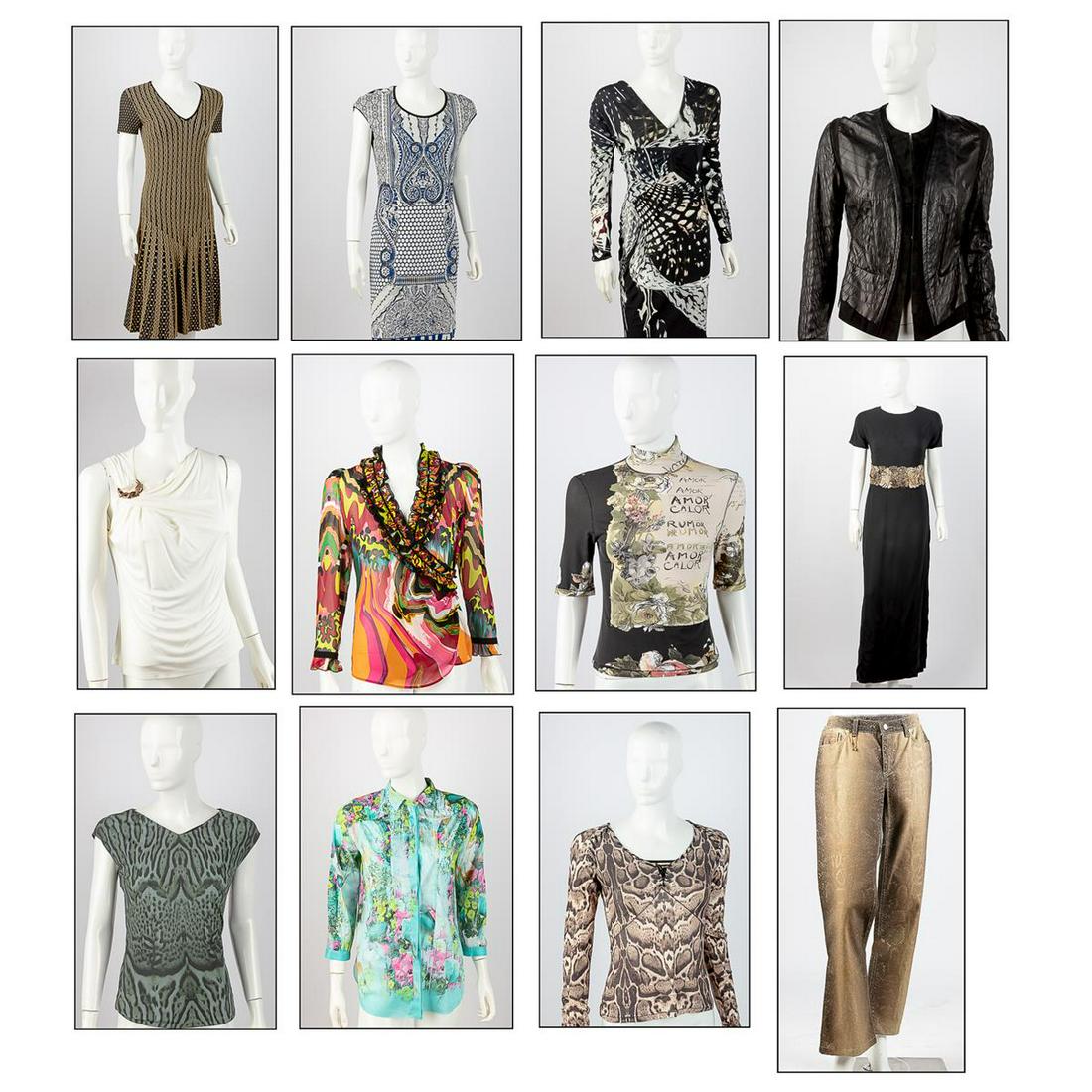 A twelve pieces of Roberto Cavalli ladys clothing: A twelve piece collection of Roberto Cavalli lady's clothingComprising a blue and white viscose Delft China Trade pattern dress (44); a black and white viscose V-neck longsleeve dresss (44); a black a