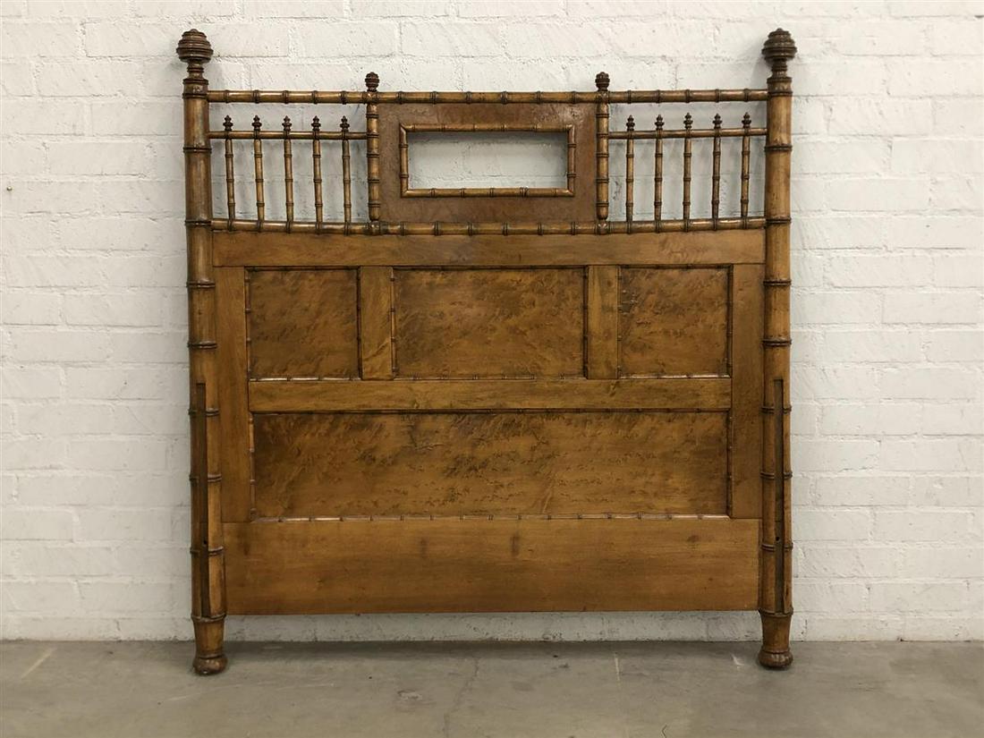 A fruitwood faux bamboo headboard and footboard: A maple and fruitwood faux bamboo headboard and footboard late 19th century the headboard height 64 1/2in (164cm); width 60in