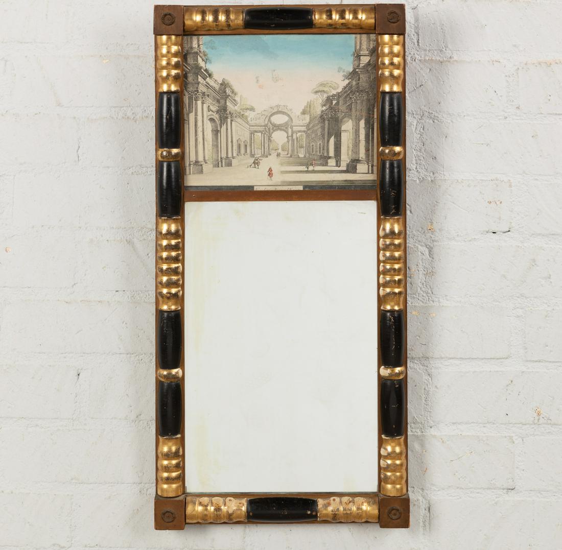 A late Federal parcel gilt and ebonized mirror: A late Federal parcel gilt and ebonized mirror second quarter 19th century The Ã©glomisÃ© panel now replaced by a hand colored engraving. height 31 1/2in (80cm); width 15 1/4in (39cm)