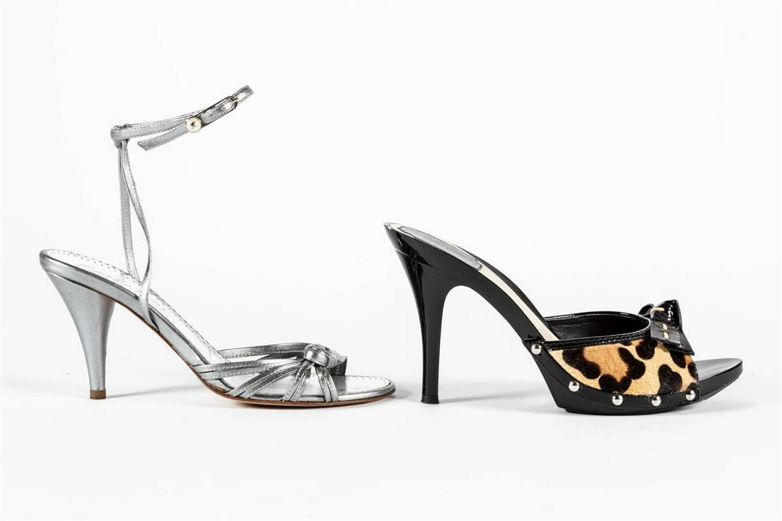 Two pairs of French designer sandals Chanel & Dior: Two pairs of French designer sandals Chanel and Dior A pair of Chanel silver leather sandals (37) and a pair of Christian Dior animal print pony hair slip on sandals (38).