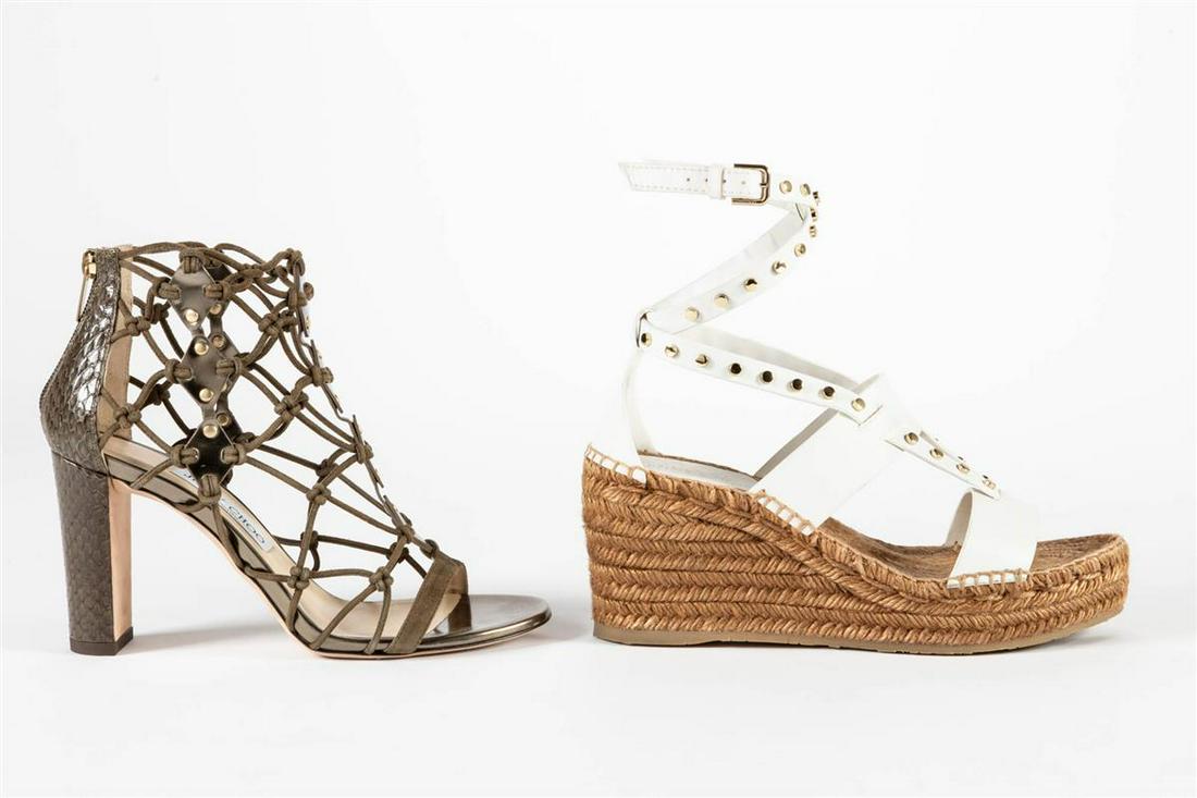 Two pairs of Jimmy Choo leather sandals: Two pairs of Jimmy Choo leather sandals A pair of olive green snakeskin and suede caged sandals with covered heals and zip closure and a pair of white leather wedge heel platform espadrilles with wrap