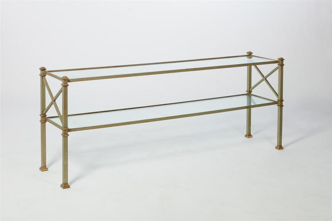 A French steel and glass two tier console table: A French parcel gilt steel and glass two tier console table 20th century height 27 1/2in (70cm); width 66 1/4in (168.5cm); depth 15 1/2in (39.5cm)