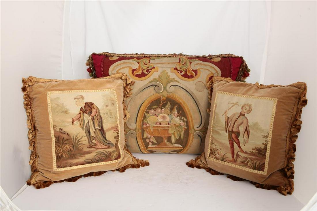 Three decorative Aubusson pillows: Three decorative pillows with Aubusson tapestry panels the panels 19th century the largest 22 x 30in (56 x 76cm)