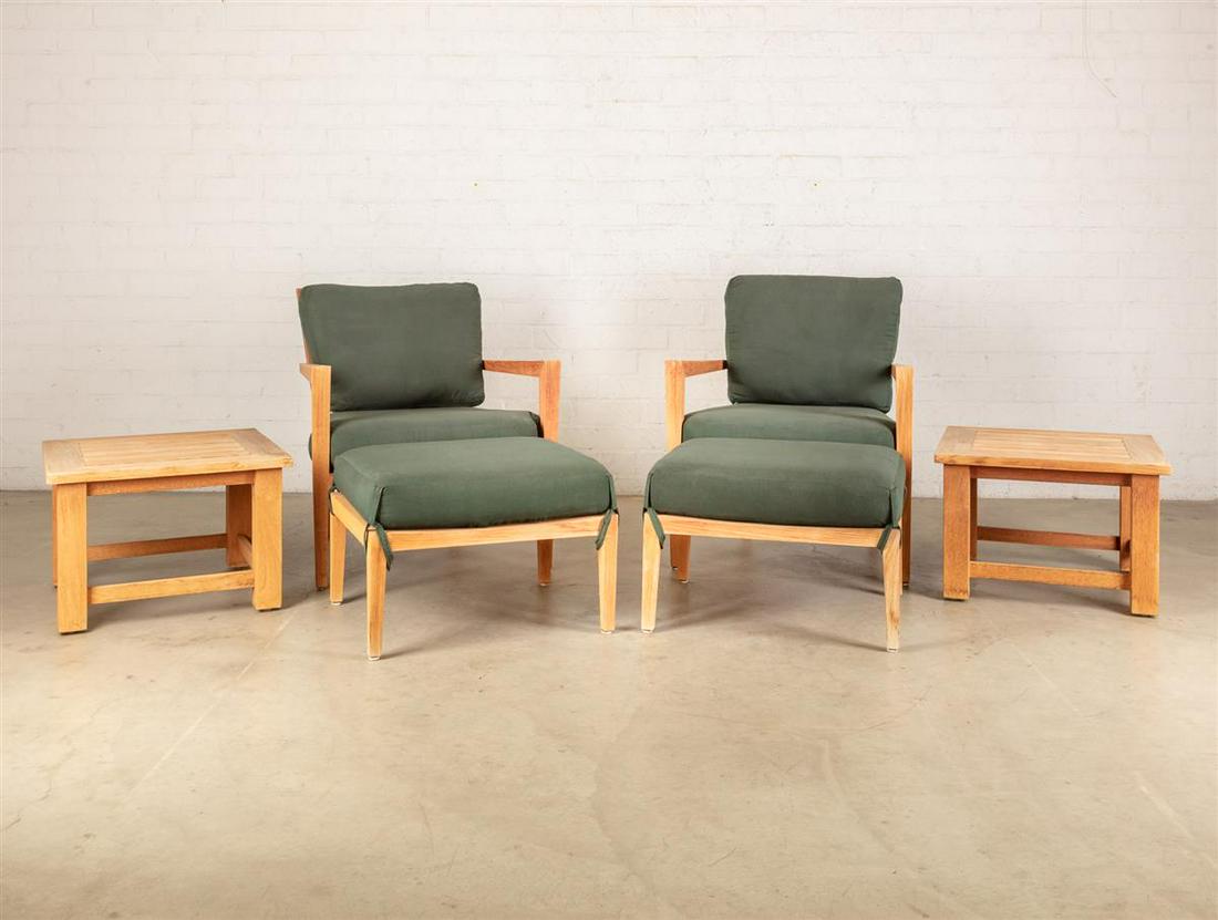 Thirteen piece Brown Jordan Mission Teak suite: A Brown Jordan "Mission Teak" thirteen piece outdoor dining and lounge suiteComprising four dining chairs and table, a pair of lounge armchairs and ottomans, two chaise lounges and two occas