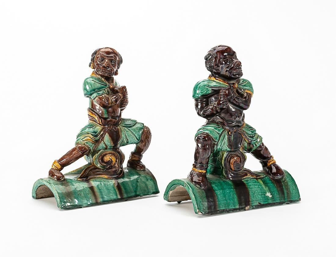 Pair of Chinese glazed ceramic monkey roof tiles (1 of 6)