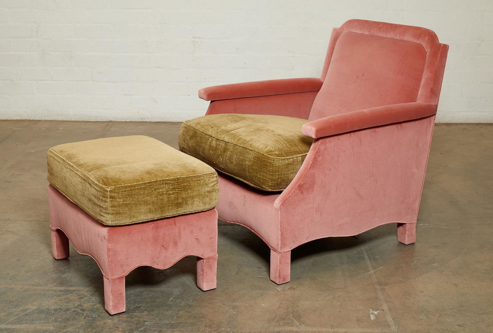 A  pink and green velvet armchair and ottoman (1 of 3)