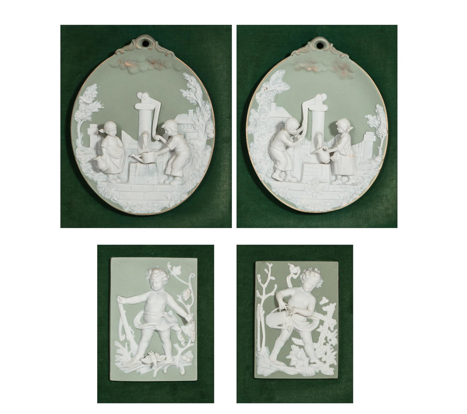 Two pairs of bisque porcelain figural plaques (1 of 8)