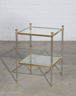 A Marcello Mioni brass and glass two tier table: A Marcello Mioni brass and glass two tier occasional tablemid 20th centuryheight 27in (68.5cm) width 19in (48.5cm) square Provenance:Property from the Collection of Fabrizio Mioni, Los Angeles, Calif