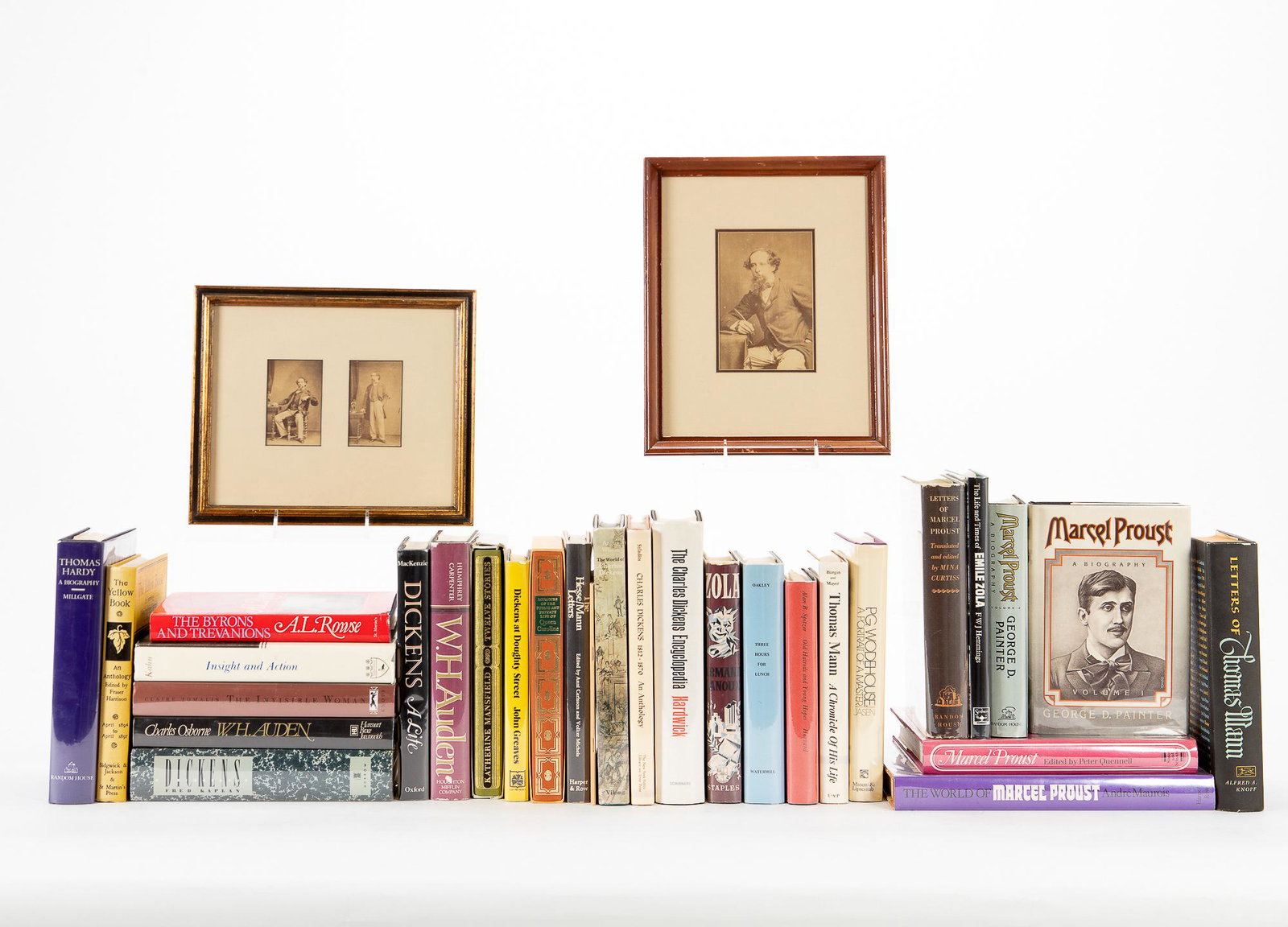 38 Books by and about Various European Authors: A Grouping of 38 Books by and about Various European Authors including Charles Dickens, Marcel Proust, Thomas Mann, and others; together with three framed photo images of Charles Dickens.Lot consists
