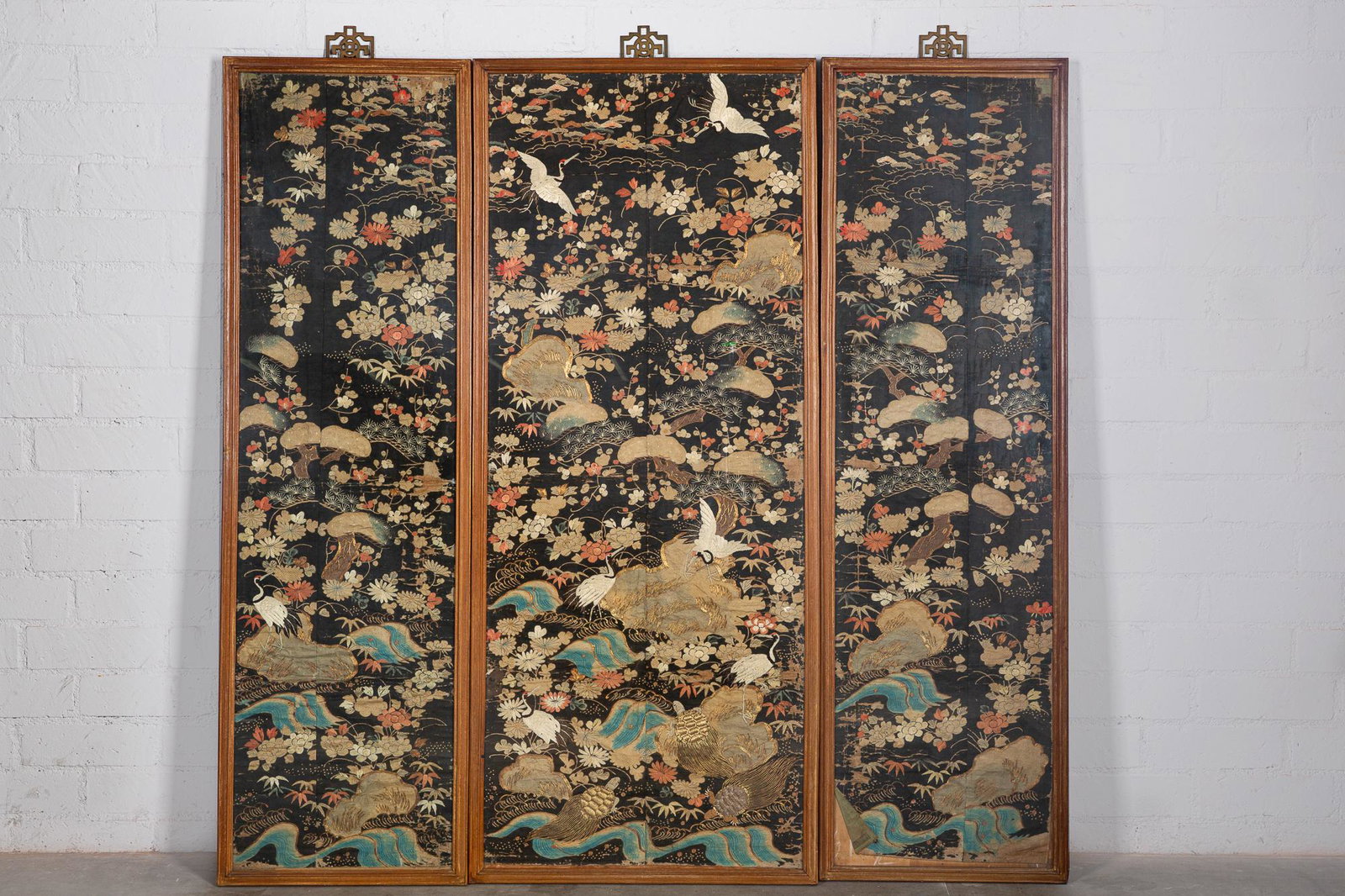 Three Chinese silk embroidered panels, framed largest (1 of 2)