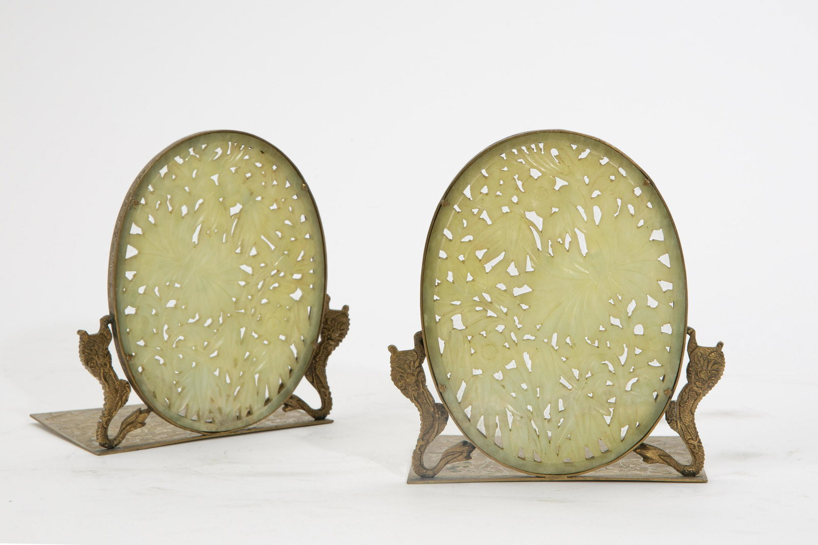 A pair of Chinese  metal and hardstone bookends (1 of 2)